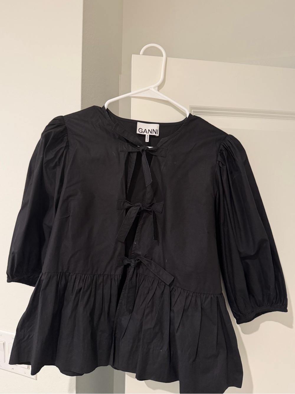 Ganni Black Tie-Front Peplum Blouse with Puff Sleeves